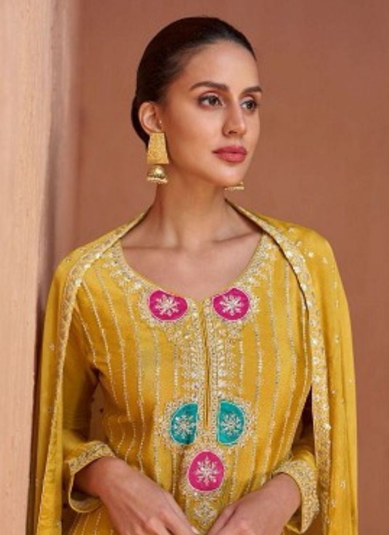 Stunning Heavy Embroidered Chinon palazzo suit in Yellow Free Shipping 2025 New