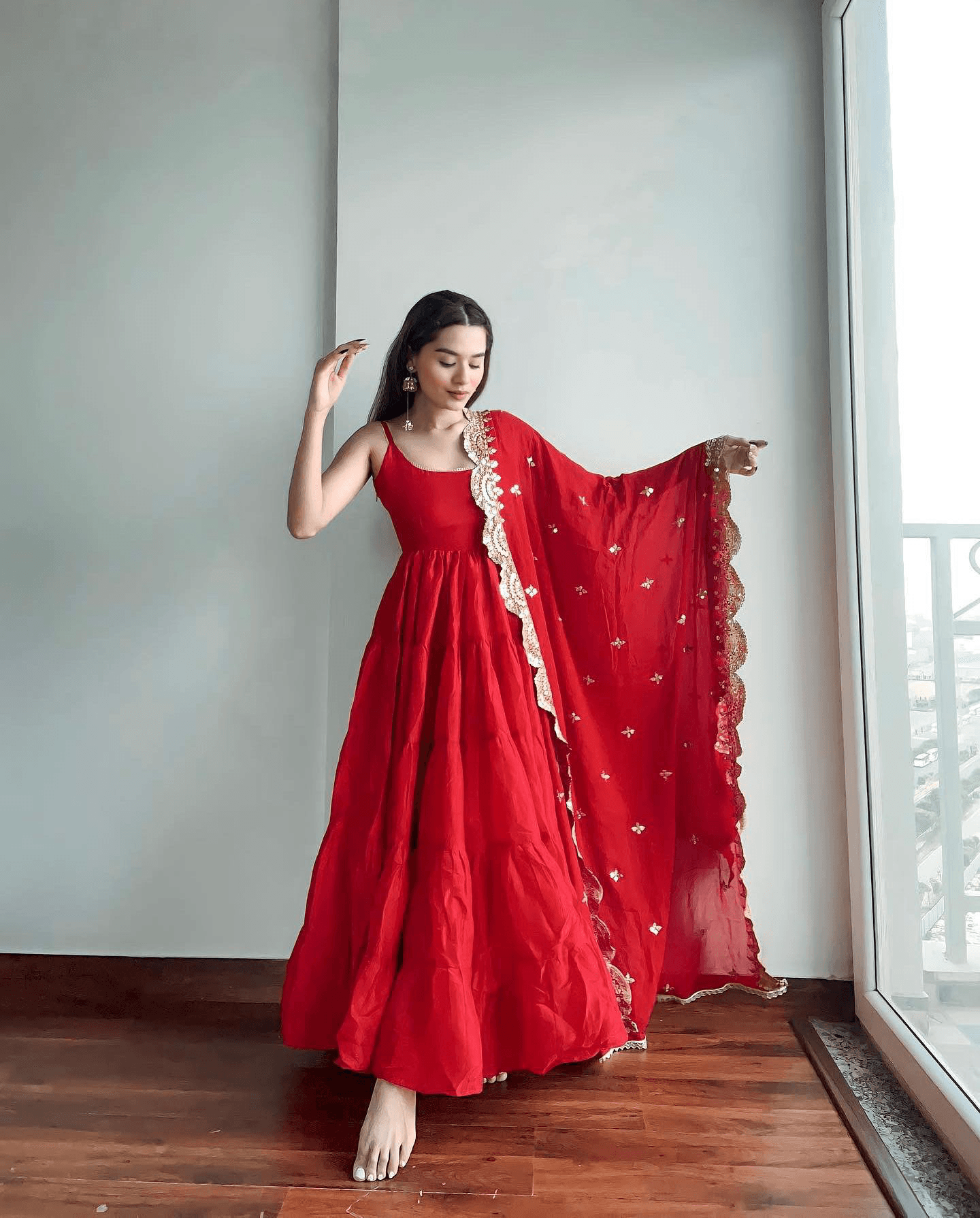 Red Ruffle Sleeveless Gown With Heavy Dupatta Really For Sale