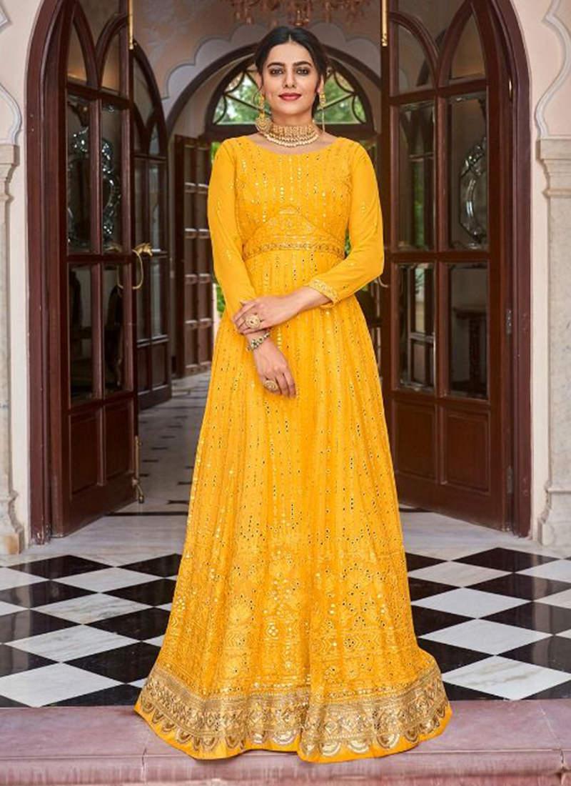 Embroidered Yellow Georgette Gown Buy Cheap Authentic