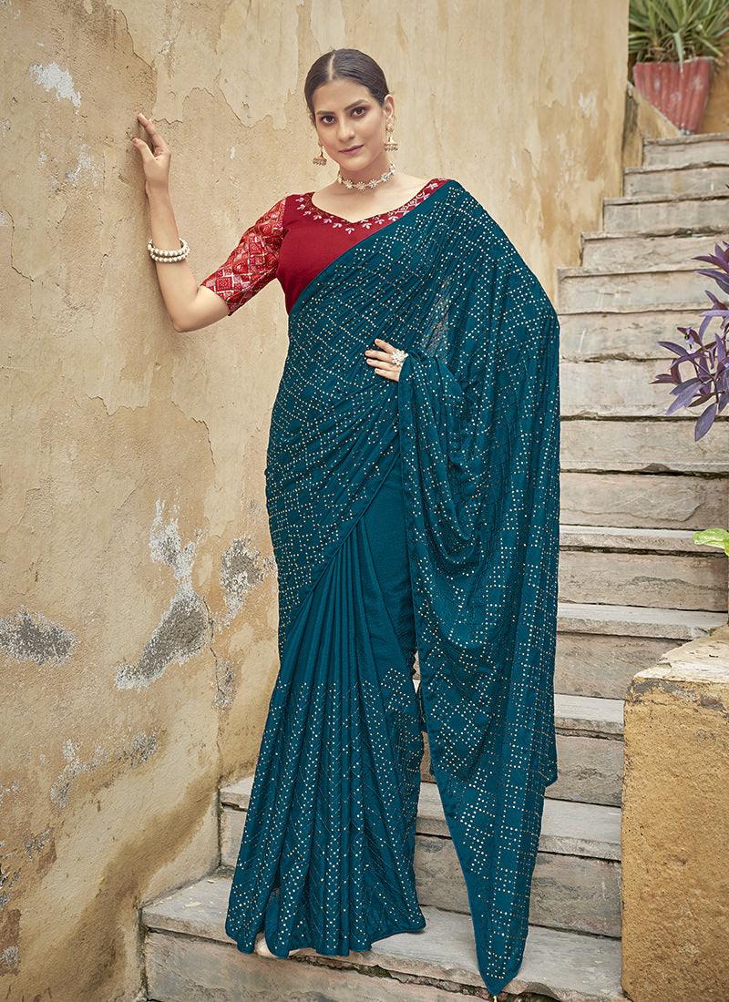 Embroidered Chinon Teal Saree Perfect For Sale