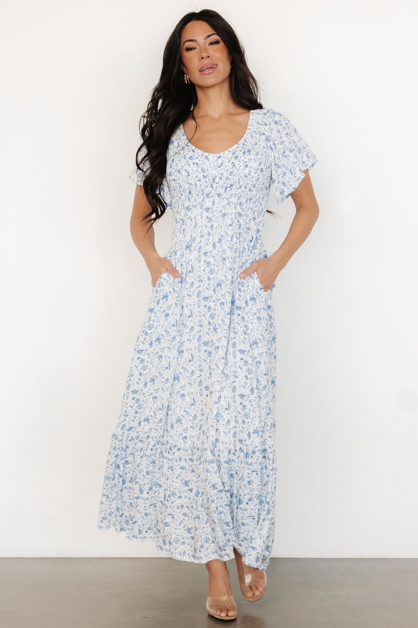 Joanie Smocked Dress | White + Blue Floral Deals Cheap Online