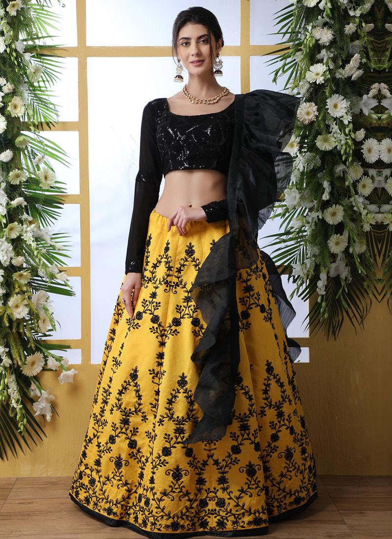 Sensational Black And Yellow Art Silk Base Designer Lehenga Choli Cheap Excellent