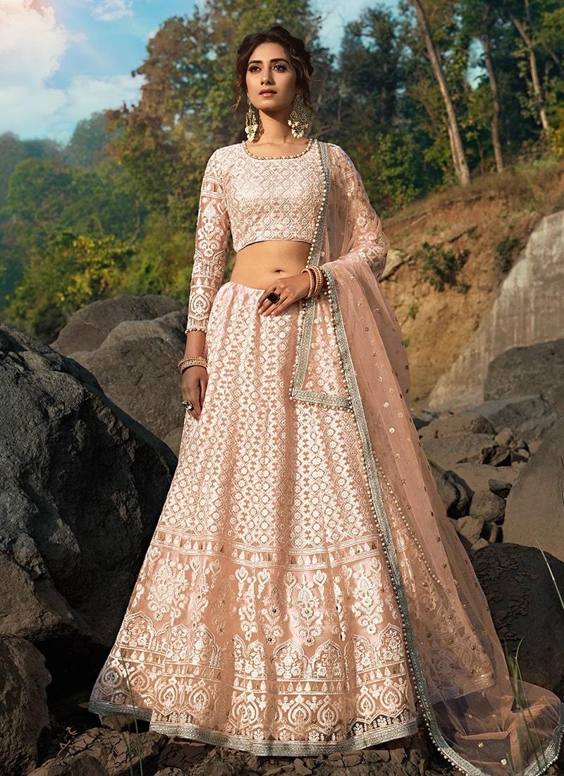 Peach Color Soft Net Base Resham And Sequins Work Lehenga Online For Sale