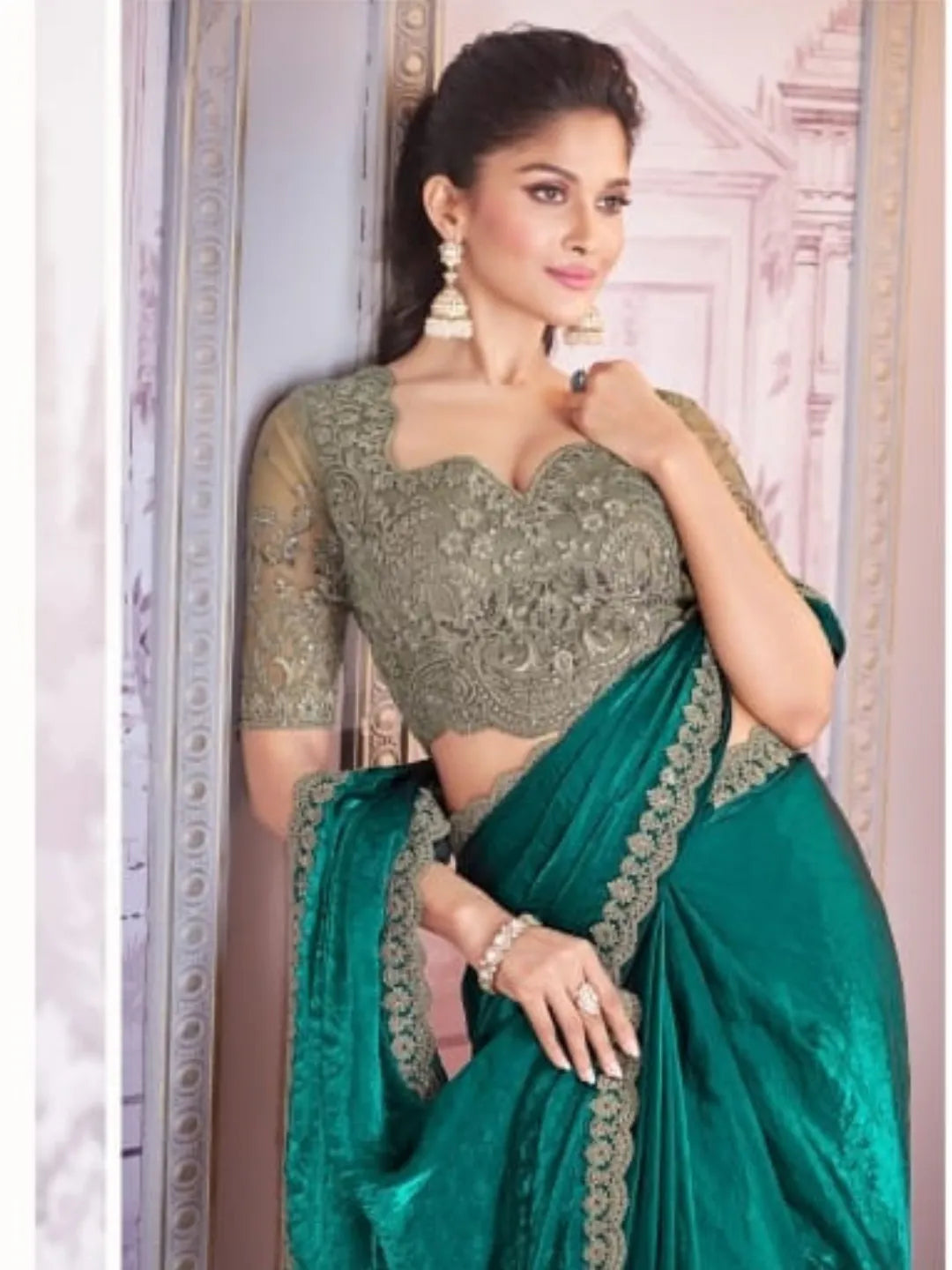 Fantastic Teal Green Satin Organza Embroidered Saree 2025 New Cheap Pice