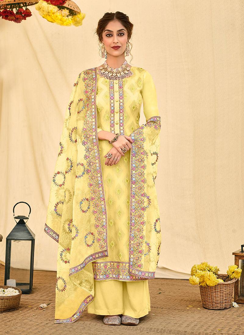 Yellow Color Organza Fabric Palazzo Salwar Suit With Sequins Work Buy Cheap Cheap