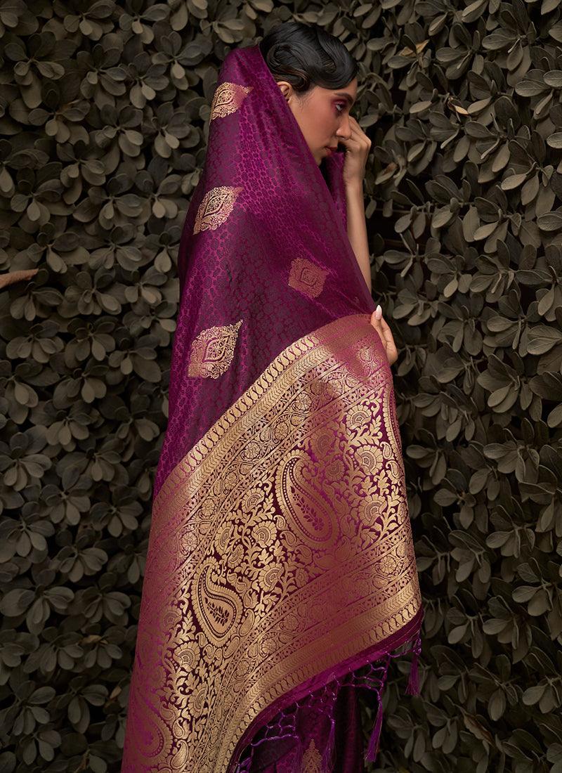 Silk Weaving Wine Satin Classic Saree Clearance Amazing Pice