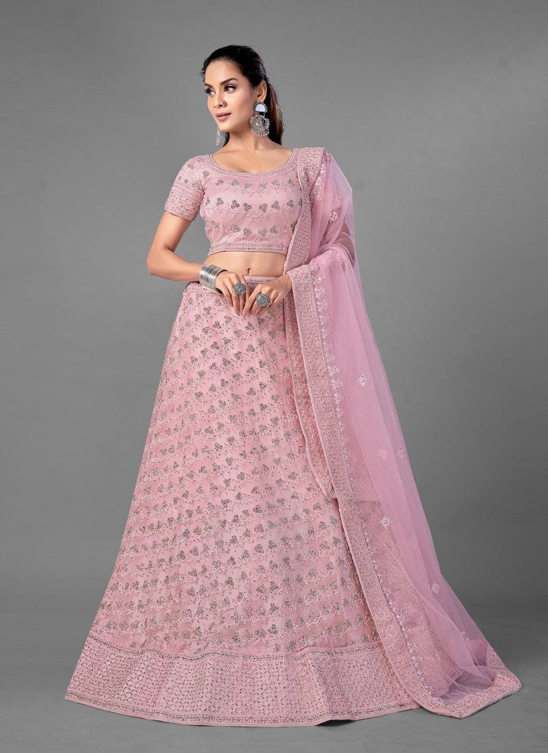 Stunning Pink Color Soft Net Base Heavy Work Bridal Lehenga With Same Color Blouse With Dupatta Set Cheap Sale Comfortable