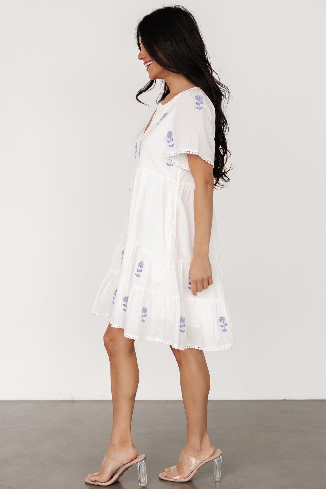 Keegan Short Dress | Ivory + Blue Floral Free Shipping Cheap