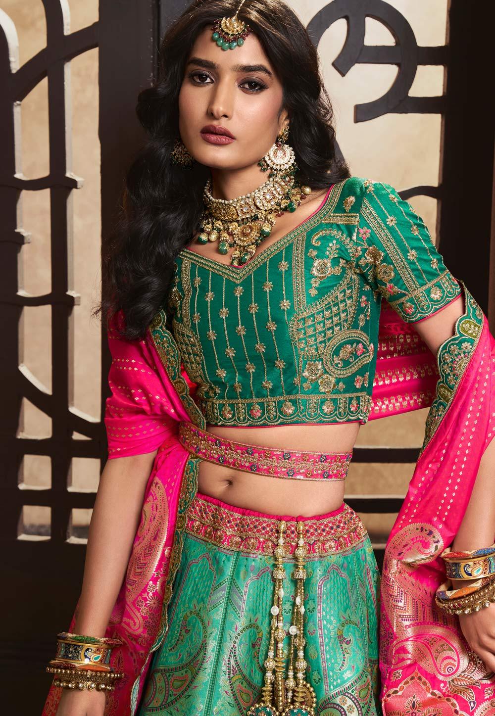 Teal Green Banarasi Silk Wedding Lehenga Choli Set Cheap Sale Shop