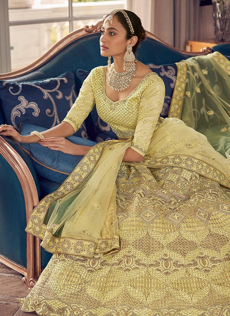 Lime Yellow Color Crepe Material Lehenga With Stone And Zari Work Outlet Pay With Paypal