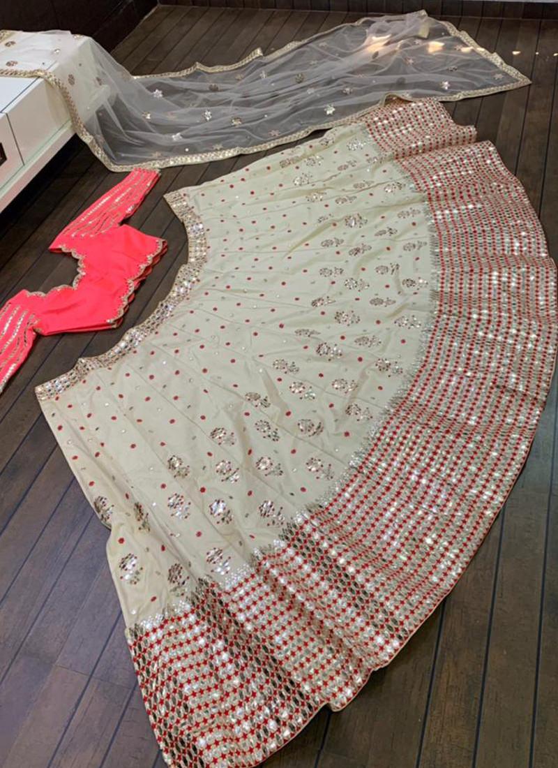 Cool Off-White Color Silk Base Mirror Work Flared Lehenga Choli How Much