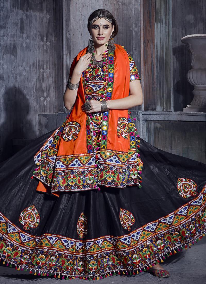 Mirror Work Navratri Ghagra Choli With Orange Dupatta Visa Payment