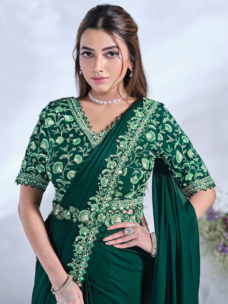 Gorgeous Green Ready To Wear Crepe Satin Silk Saree Sale Visit