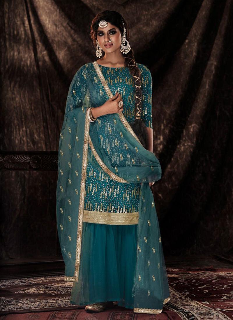 Elegant Turquoise Color Soft Net Base Sharara Suit With Sequins Work Store With Big Discount