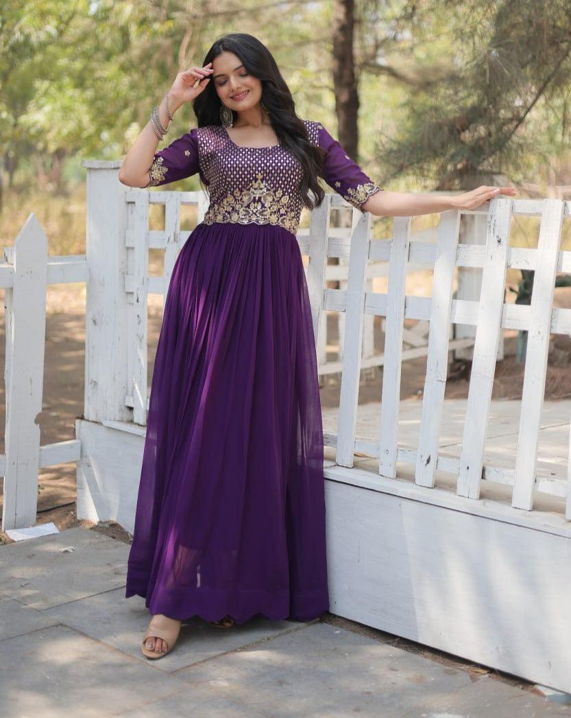 Royal Purple Embellished Gown with Elegant half Sleeves Clearance Footaction