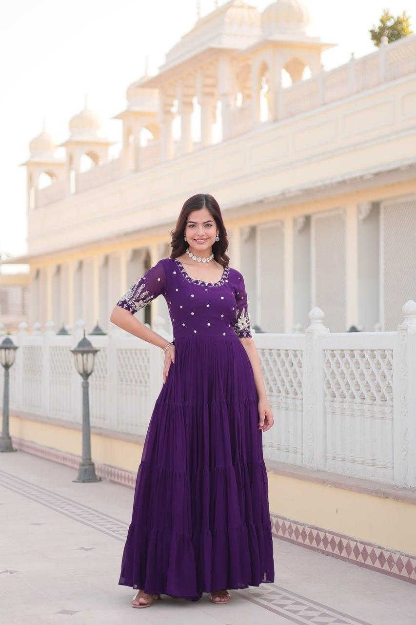 Purple Color Georgette base Embroidered Ruffle Gown 2025 New