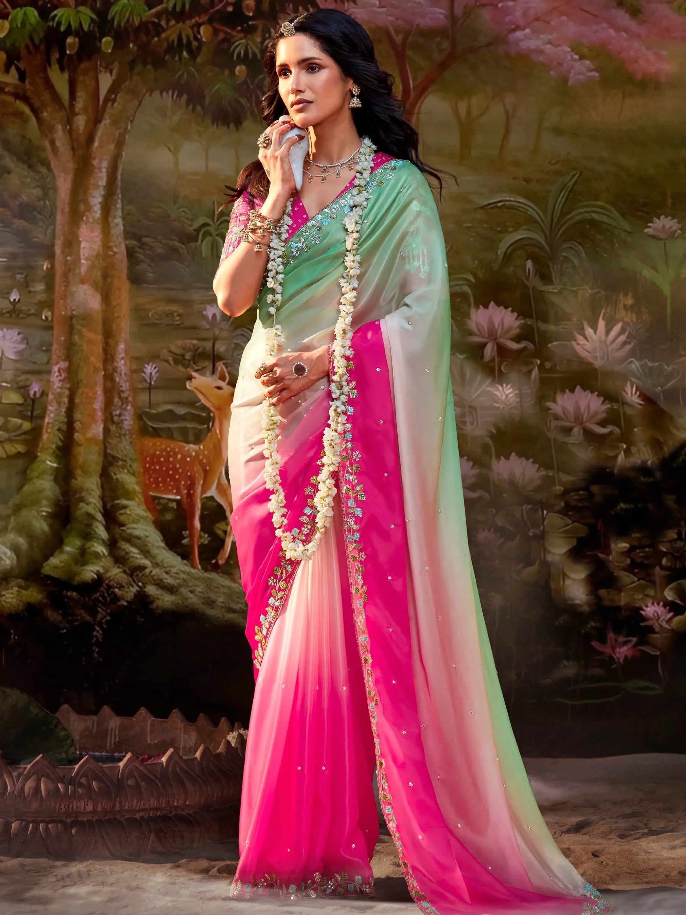 Multi Color Pure Organza Sequins Embroidered Designer Saree Outlet Discount Sale