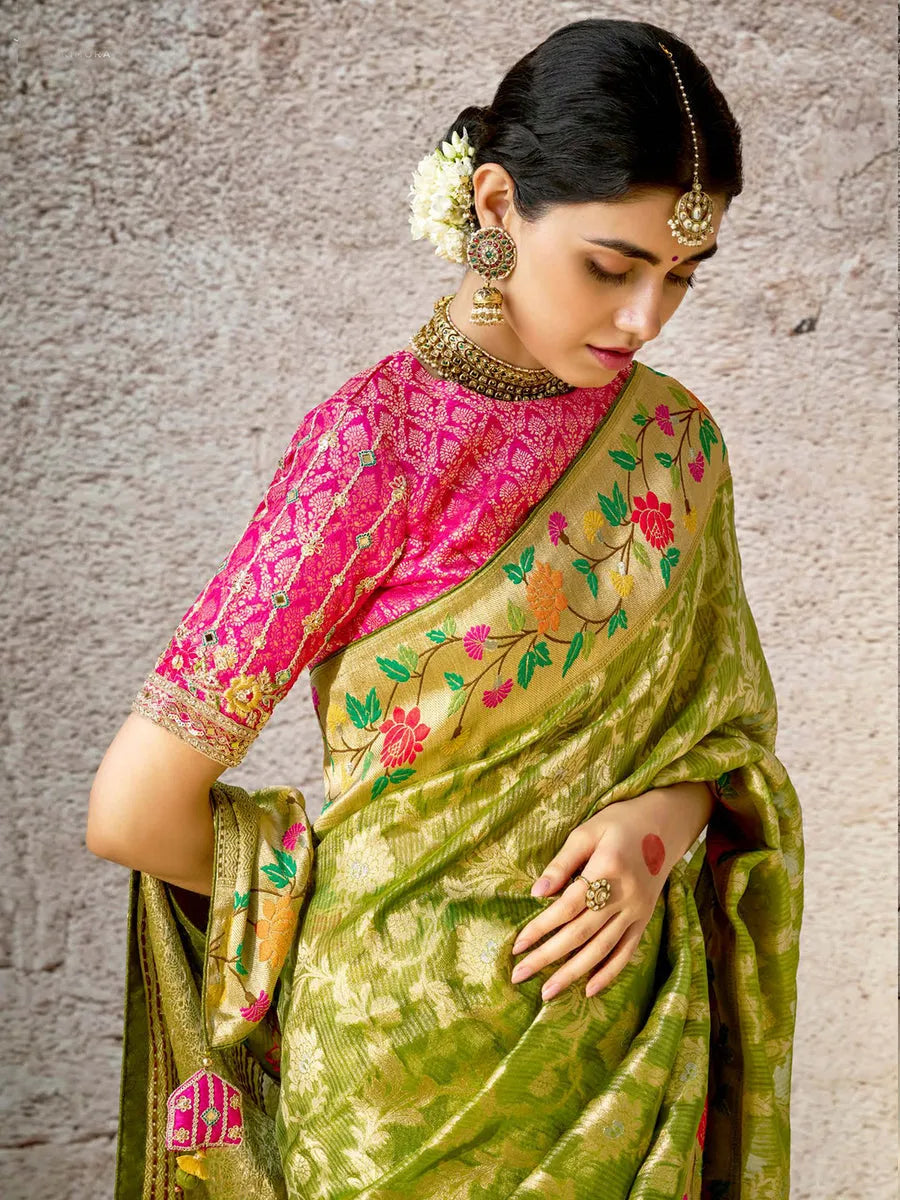 Comforting Light Green Banarasi Silk Saree Floral Embroidered Shop Offer Cheap Online