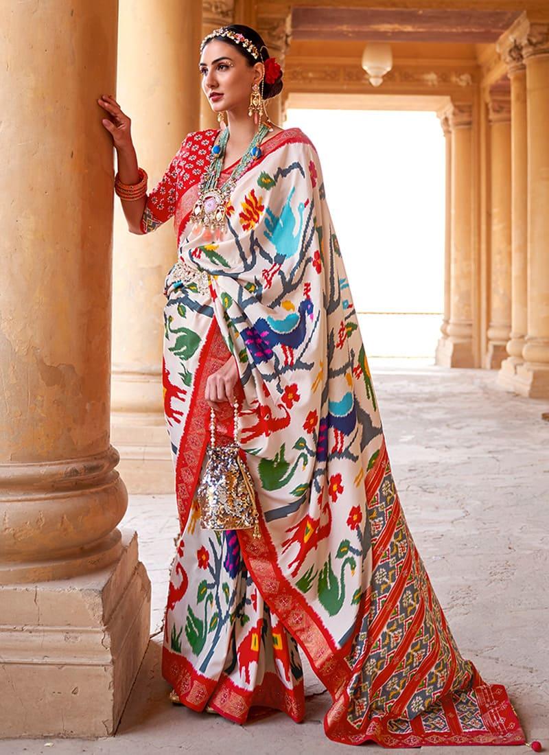 Designer Off-White Color Silk Base Swarovski Work Printed Saree Best Place Cheap Pice