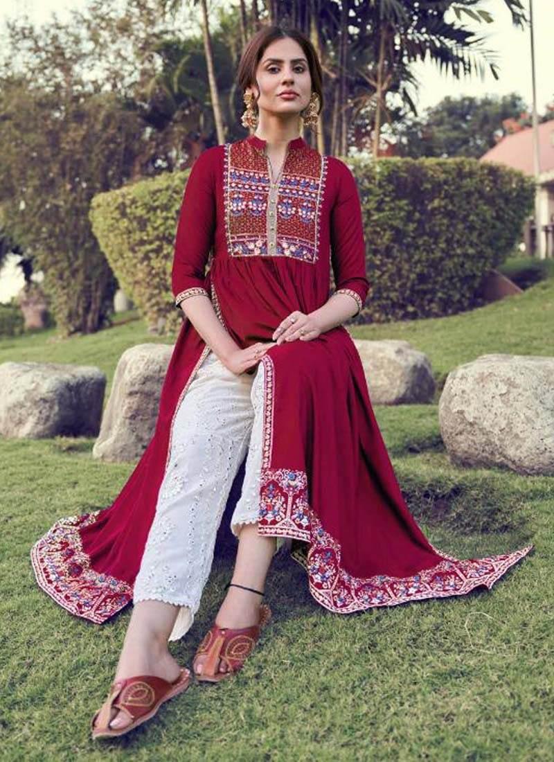 Art Silk Base Resham Work Maroon Color Lucknowi Style Salwar Suit Online Online Cheap Online