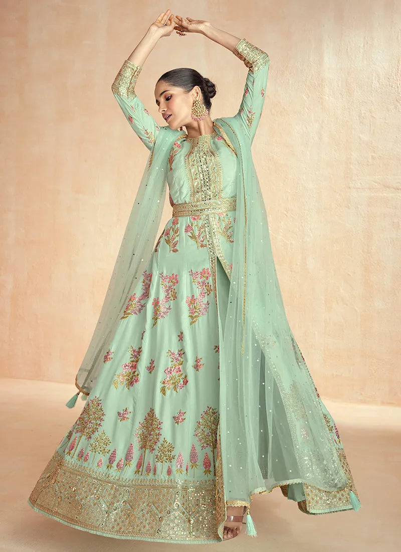 Fabulous Mint Green Multi Embroidery Slit Style Anarkali Suit For Sale Finishline