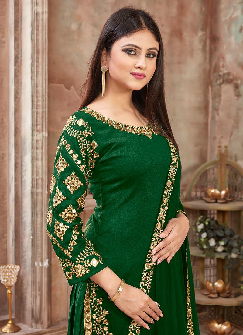 Art Silk Embroidered Green Punjabi Salwar Suit With Credit Card Cheap Pice