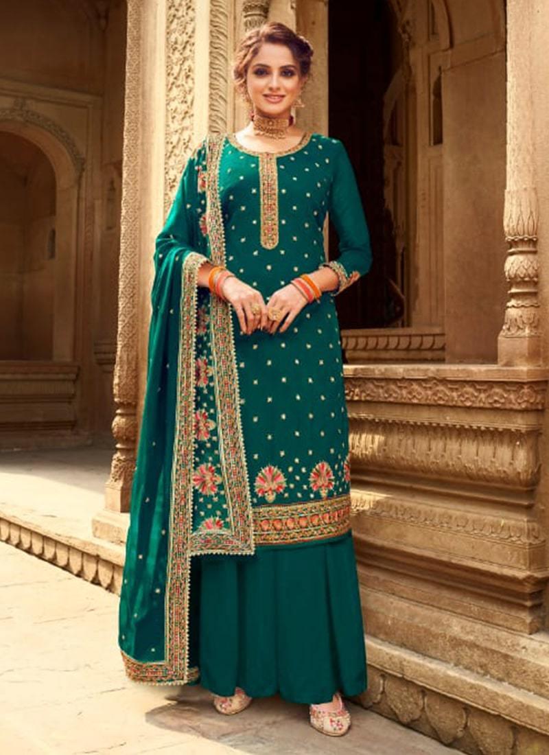 Teal Green Color Georgette Base Heavy Work Designer Palazzo Suit Cheap Sale 100% Original