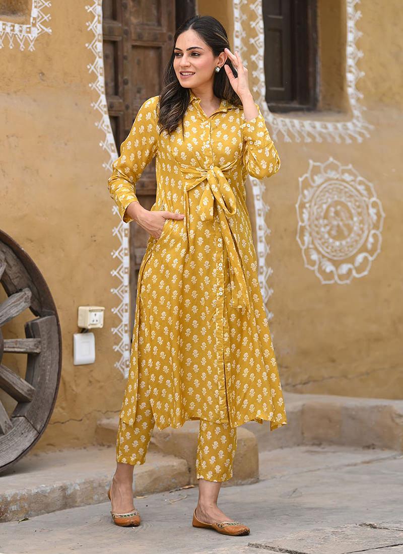 Printed Yellow Long Coat Style Kurti Geniue Stockist