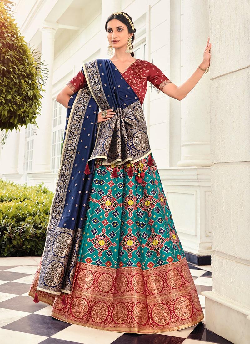 Digital Print Turquoise Banarasi Lehenga With Dupatta Free Shipping Classic