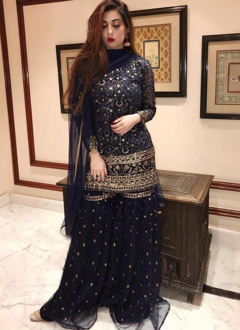 Navy Blue Color Soft Net Base With Sequins And Embroidery Work Sharara Suit Fashion Style Online