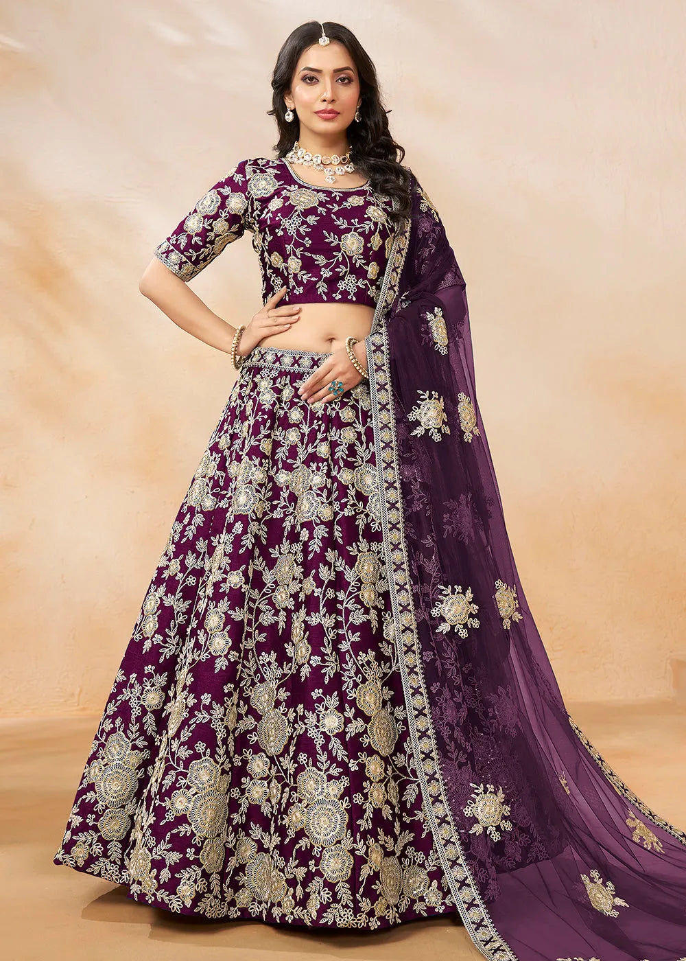 Stunning Plum Wine Embroidered Art Silk Lehenga Choli Footlocker Pictures Sale Online