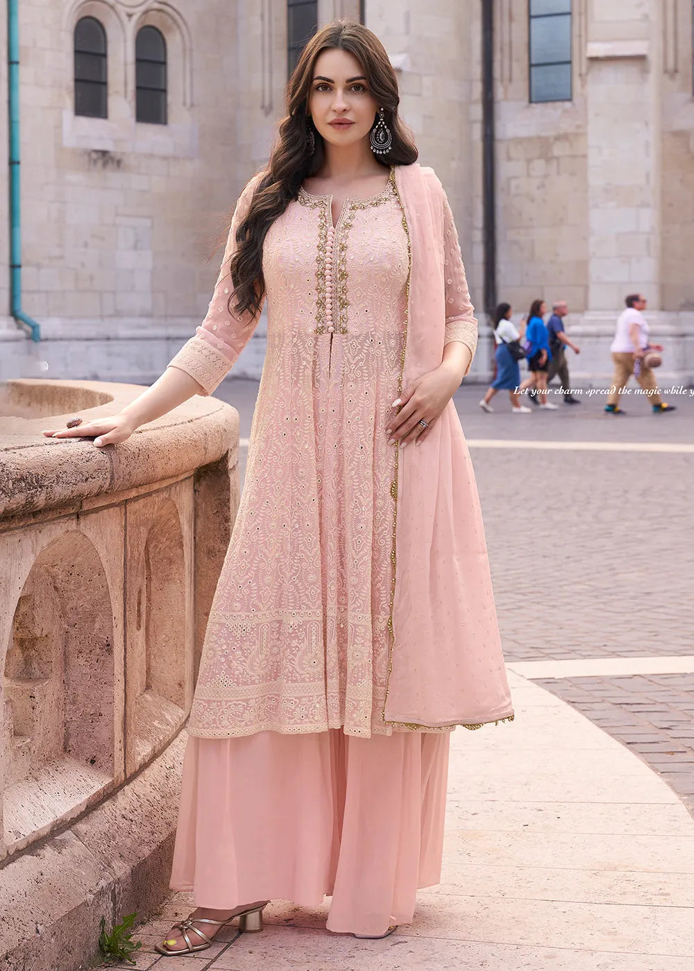 Fabulous Embroidered Light Pink Anarkali Style Sharara Suit Fashionable