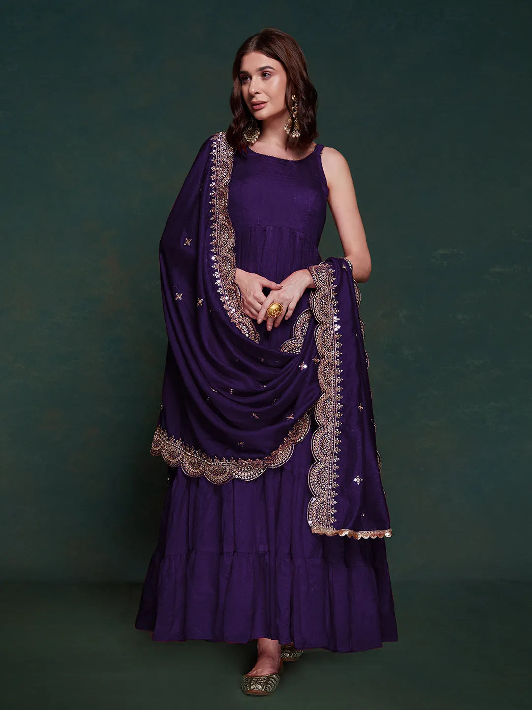 Purple Ruffle Sleeveless Gown With Heavy Dupatta 2025 Unisex Online