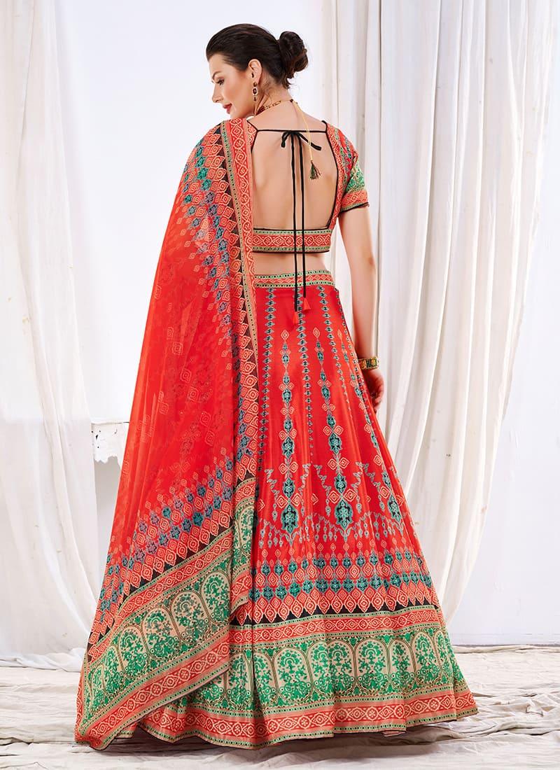 Red Color Printed Half Sleeves Flared Lehenga Choli Free Shipping Browse