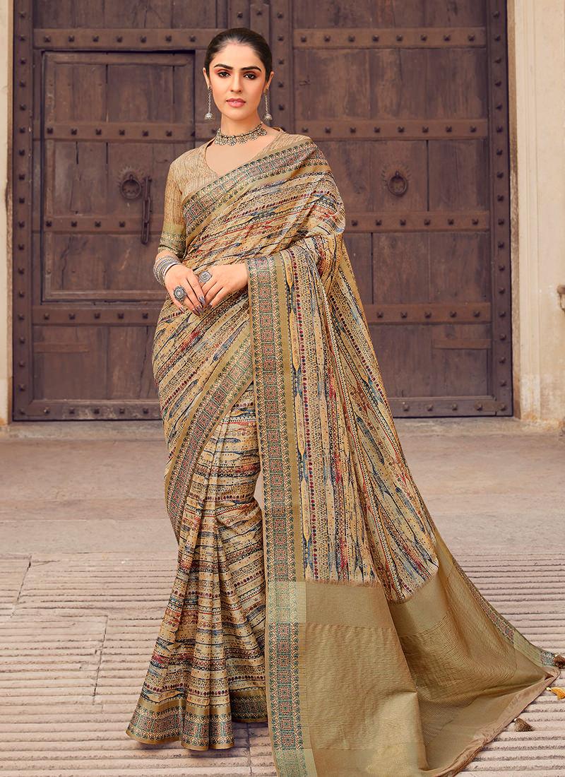 Digital Print Light Beige Silk Saree Discount Outlet Store