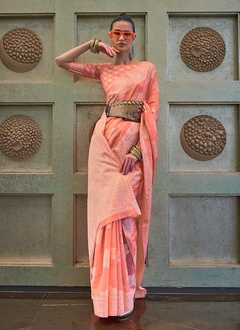 Peach Color Lucknowi Silk Classic Saree Clearance Amazing Pice