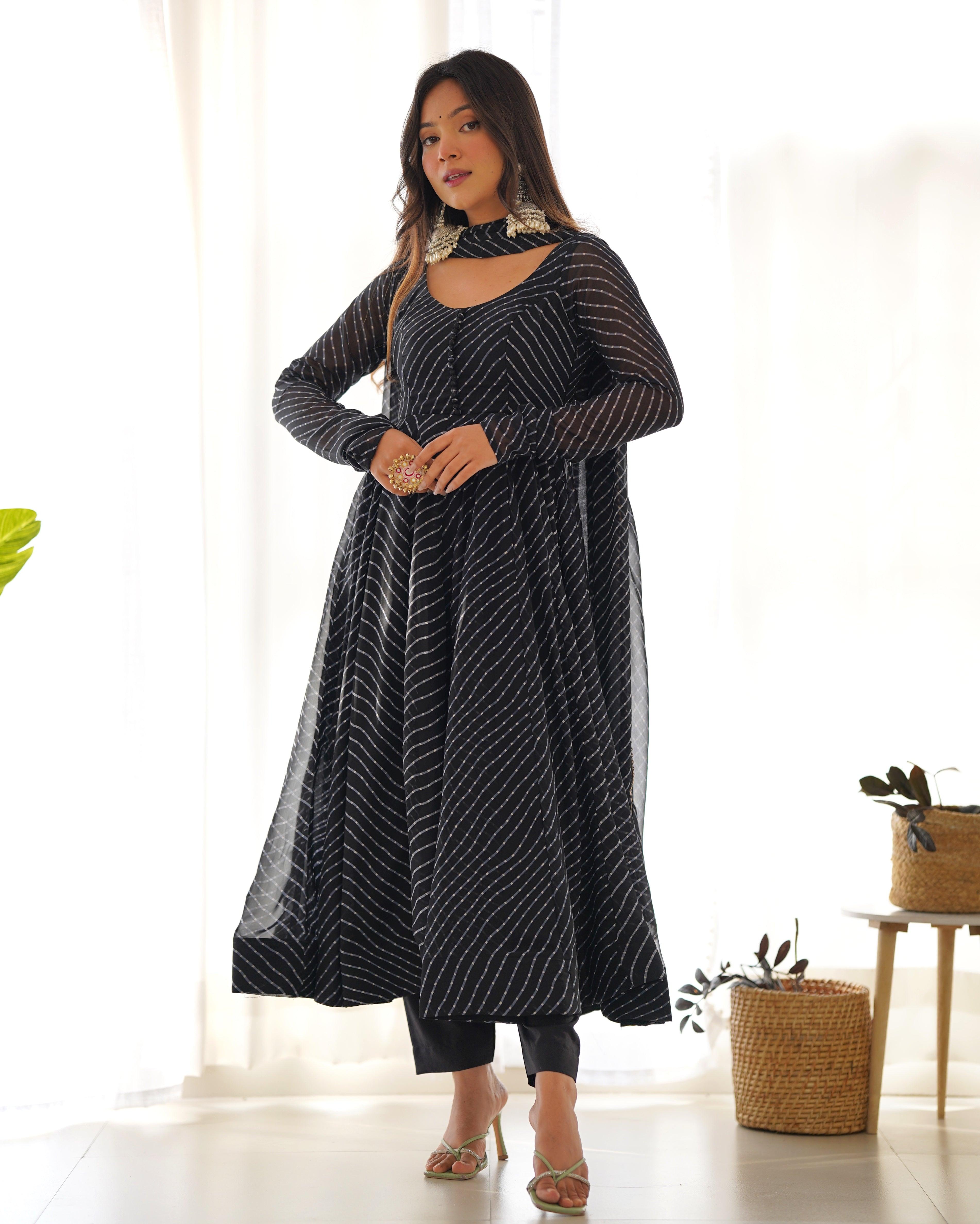 Black color georgette laheriya printed anarkali suit with dupatta Free Shipping Best Pices