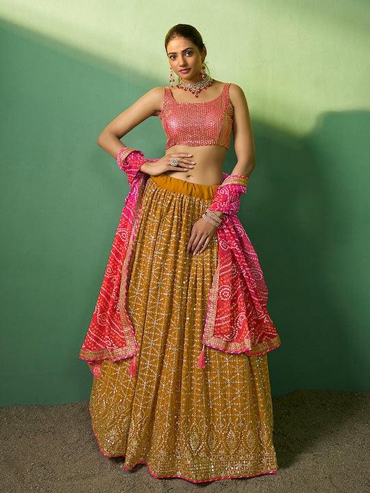 Mustard color Georgette Sequinned A-line lehenga choli New For Sale