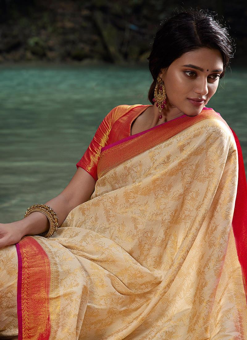 Silk Weave Cream Kanjivaram Saree Outlet Store For Sale