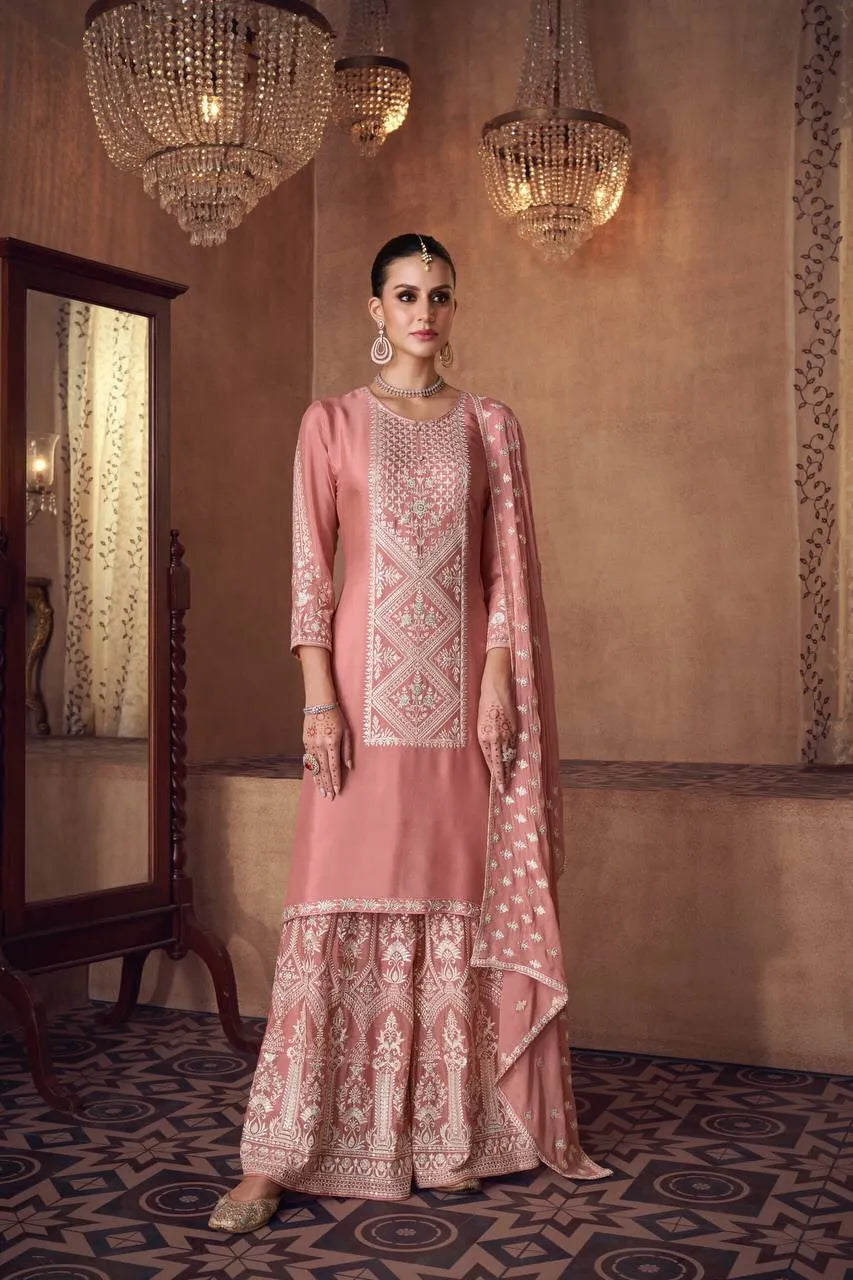 Brilliant Dusty Pink Chinon Embroidered Palazzo Suit Cheap Sale For Cheap