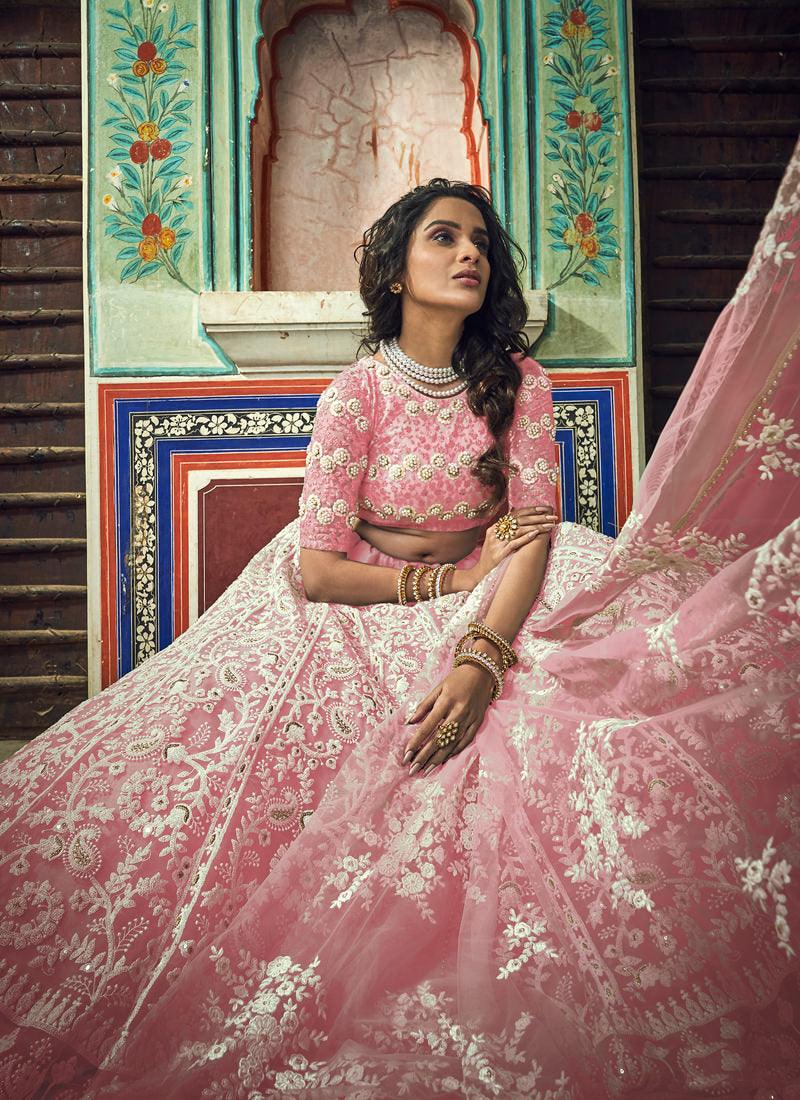 Elegant Peach Pink Soft Net Pearl And Resham Work Trendy Lehenga Choli Discounts Sale Online