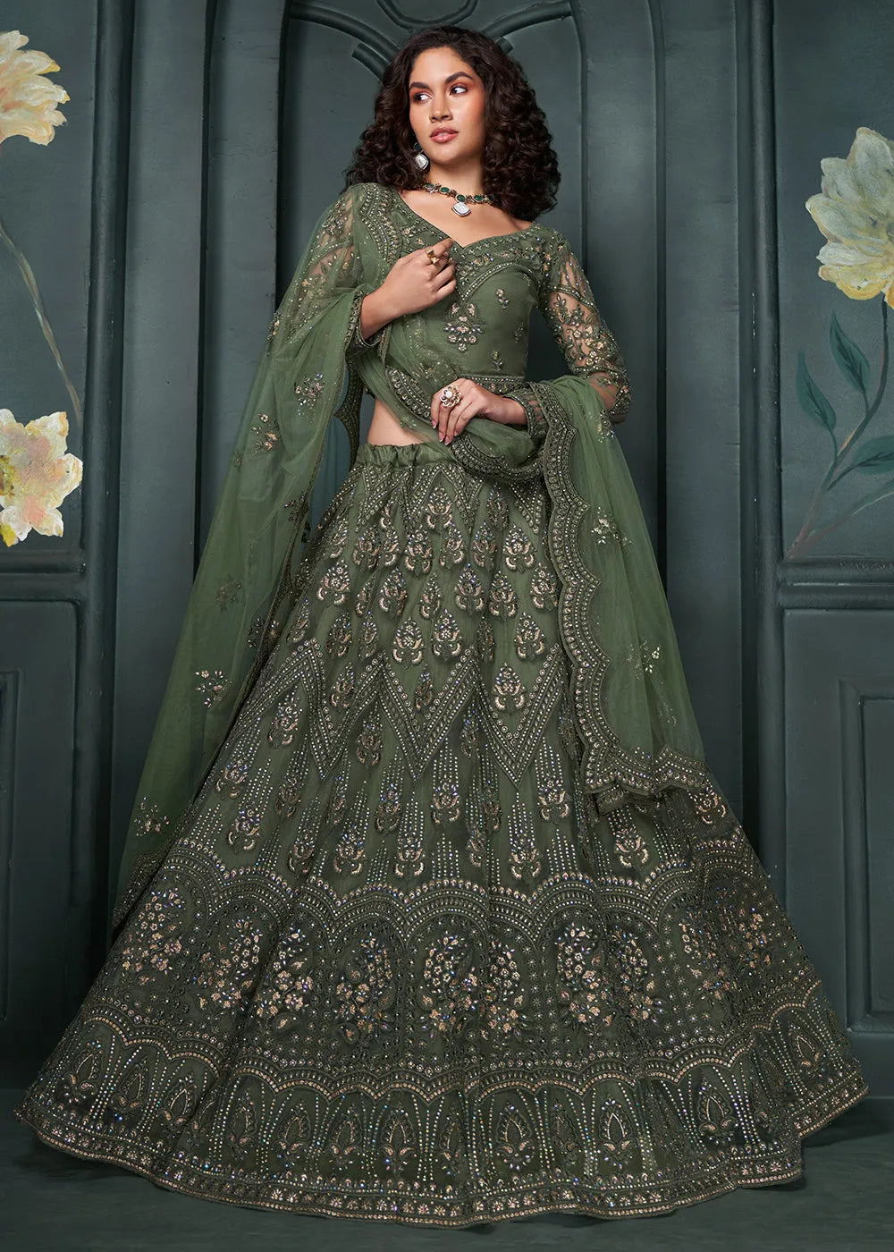 Designer Dark Olive  Beautifully Embroidered Bridal  Lehenga Choli For Cheap Online