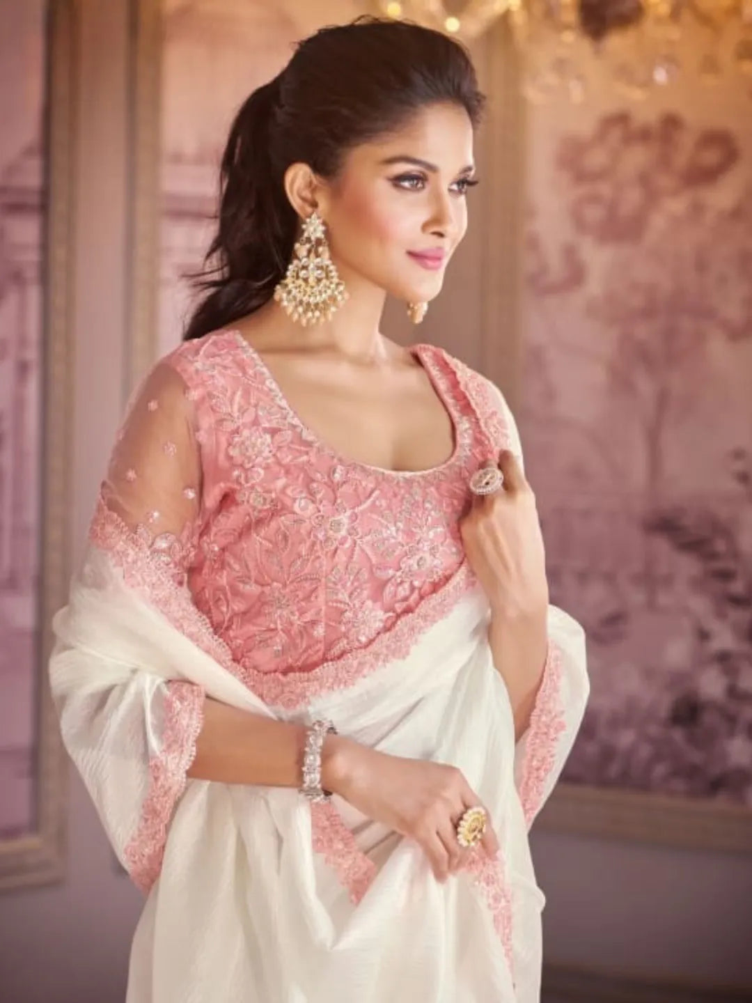 Dreamlike White-Pink Tissue Crush Embroidered Saree Cheap Best Sale