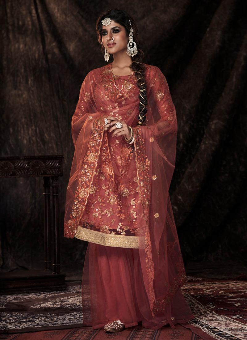 Dark Orange Color Soft Net Base Festive Wear Sharara Suit With Sequins Work How Much Cheap Online