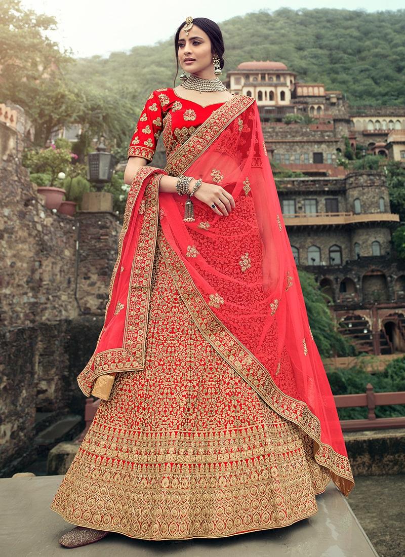 Red Color Zari And Stone Work Satin Fabric Wedding Wear Lehenga Cheap Manchester Great Sale