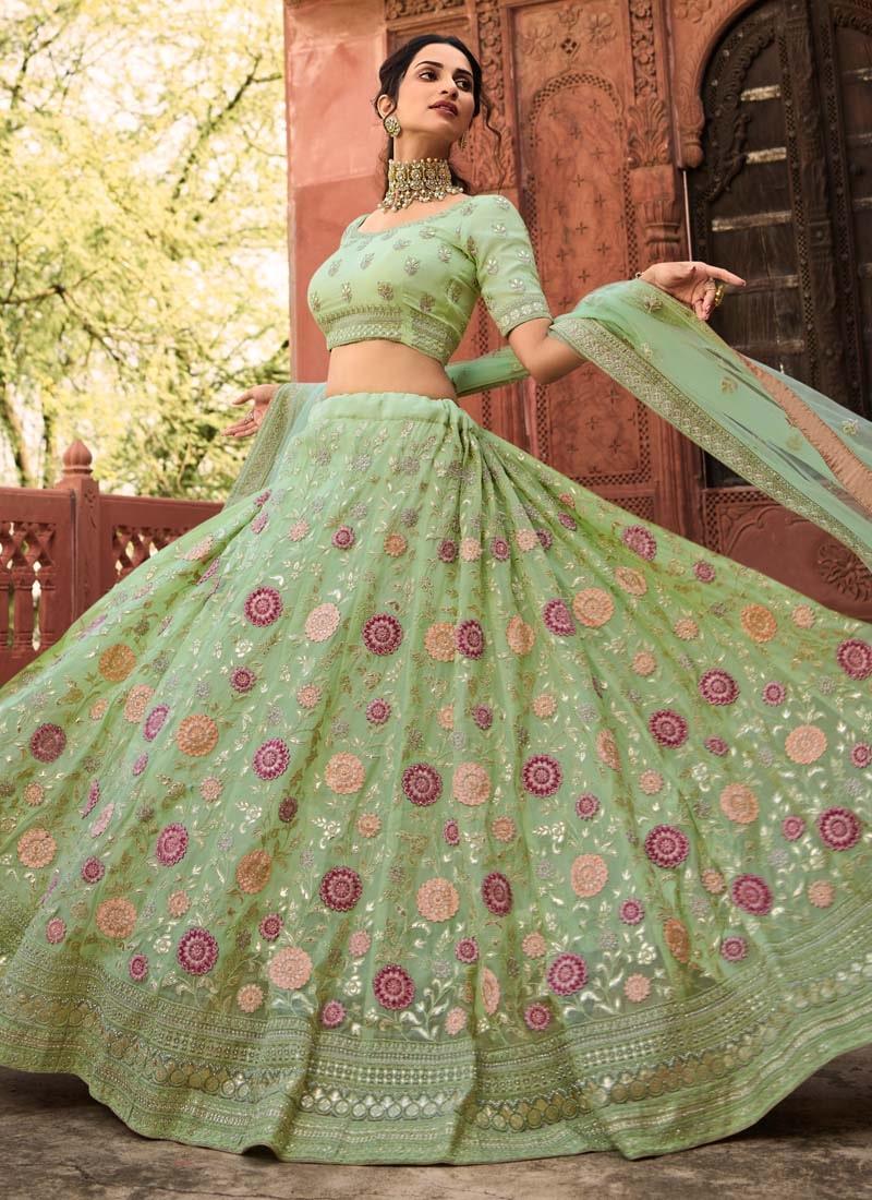 Exquisite Pista Green Color Organza Fabric Stone And Dori Work Lehenga Buy Cheap Great Deals