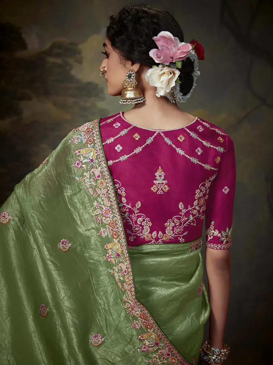 Elegant Pista Green Embroidered Fancy Saree Pices For Sale