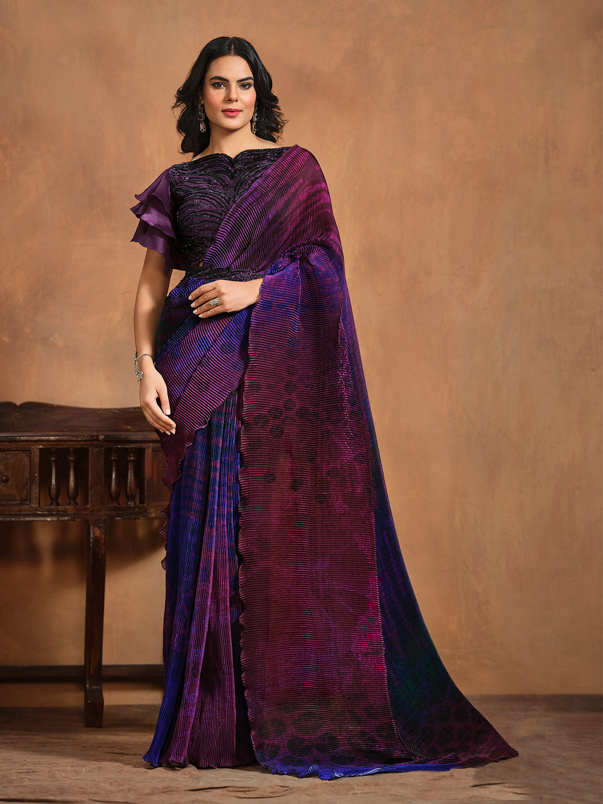 Radiant Dark Purple Satin Silk Printed Ready To Wear Saree Outlet Good Selling