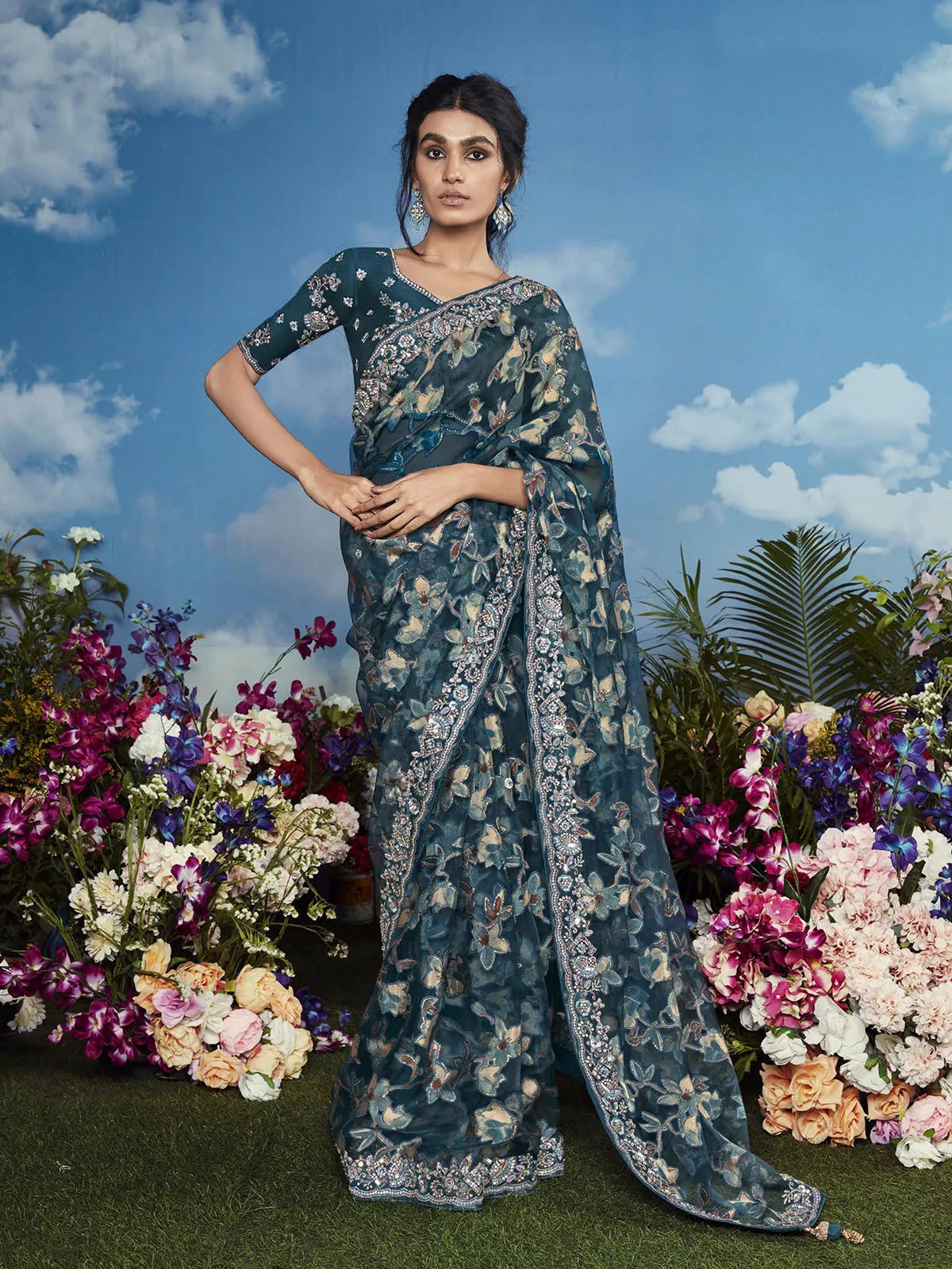 Iconic Navy Blue Heavily Floral Embroidered Brasso Saree Websites For Sale