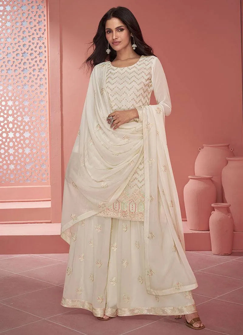 Outstanding Off-White Chinon Embroidered Sharara Suit 2025 Newest Sale Online